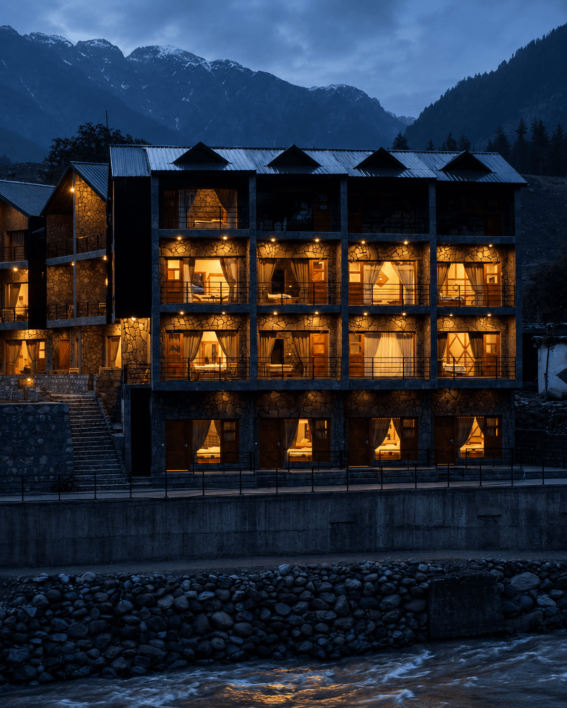 Greystone Lodge Kalam illuminated at night