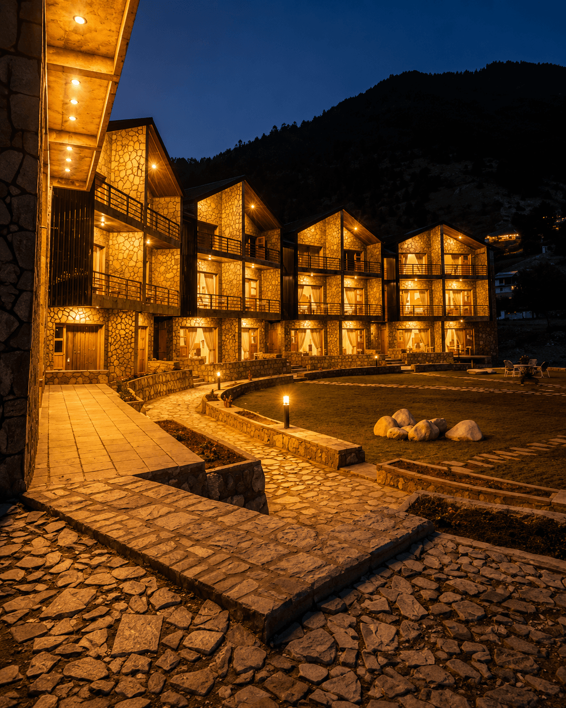 Greystone Lodge Kalam courtyard in the evening