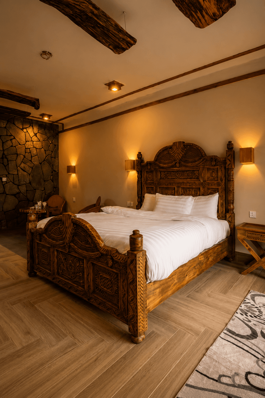 Room with carved wooden bed