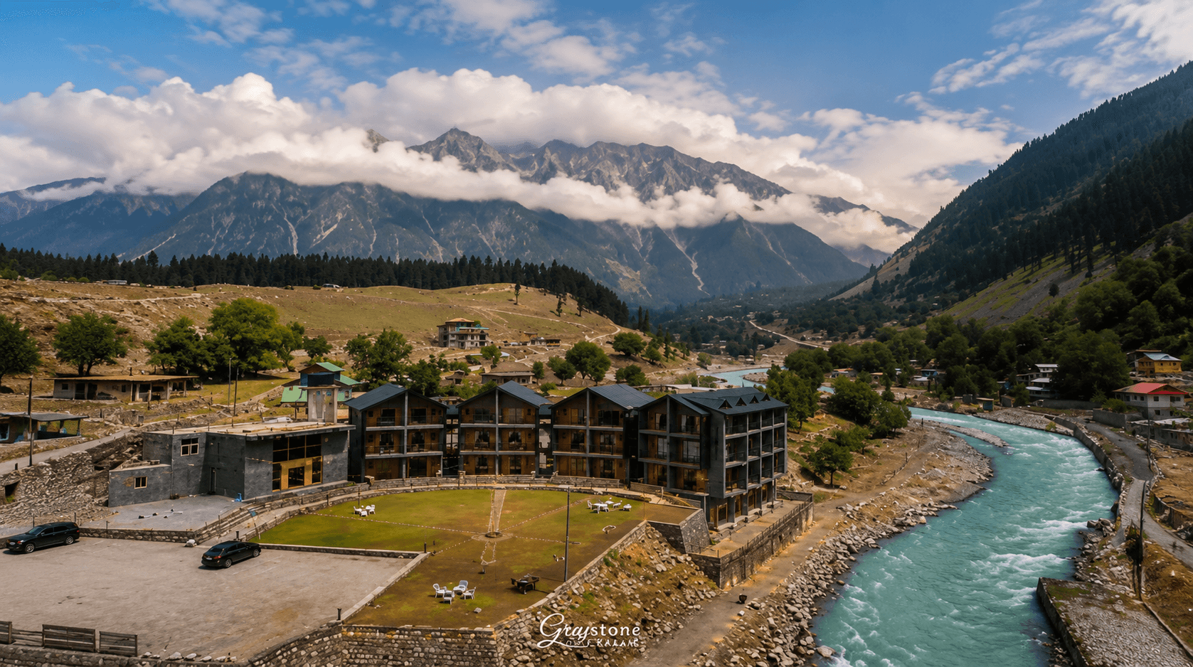 Aerial view of Greystone Lodge Kalam and the surrounding valley